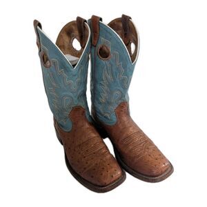 Women's Ariat Square Toe Ostrich Exotic Cowboy Boot Size 9 Teal Embroidery